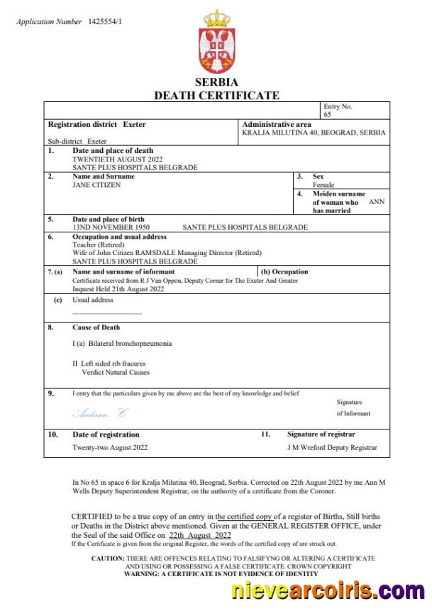 Serbia death certificate